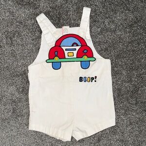 Vintage White Overalls with Red Car Design